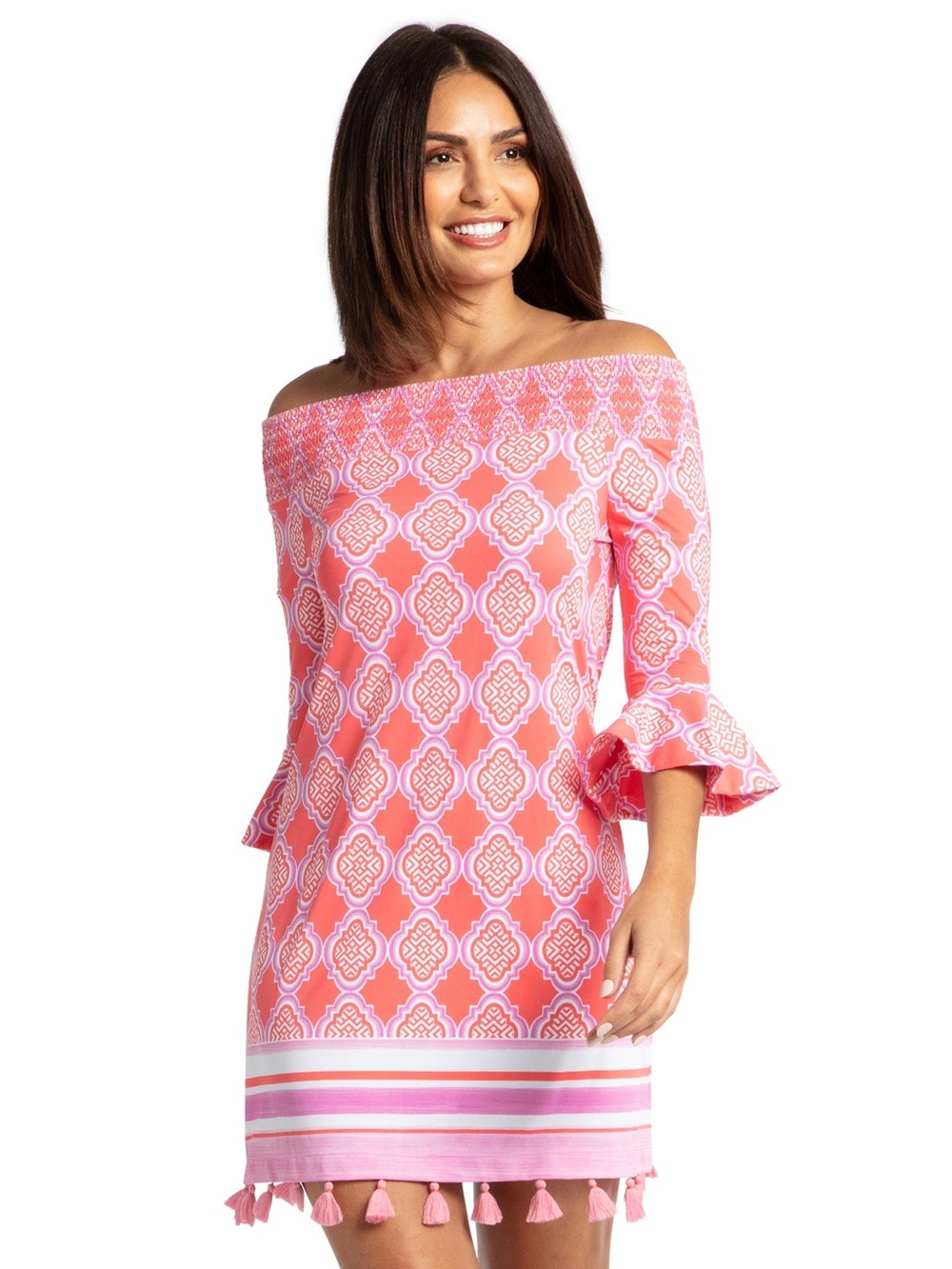 Cabana Life Coral Geo Off The Shoulder Dress